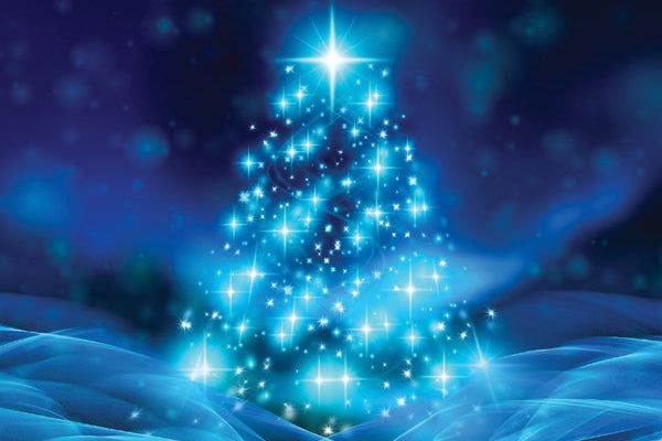 Blue Christmas tree with sparkling lights against a dark blue background