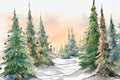 Watercolor painting of a snowy forest with decorated trees