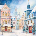 Winter scene of a snowy village with colorful buildings and Christmas trees.