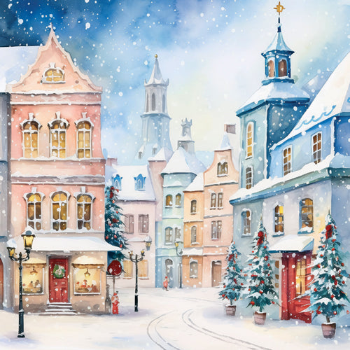 Winter scene of a snowy village with colorful buildings and Christmas trees.