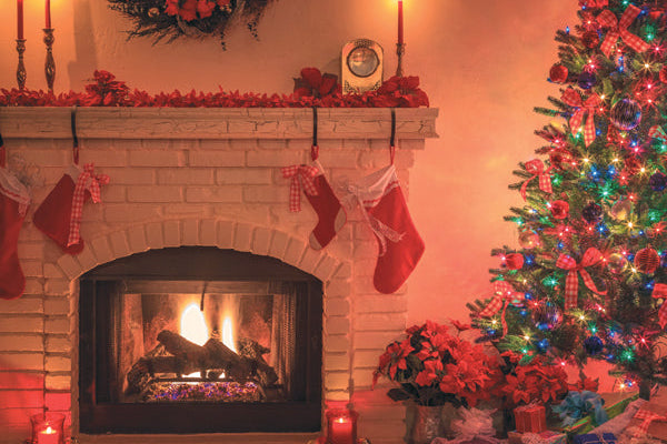 Fire with Christmas stocking hung from it, burning brightly