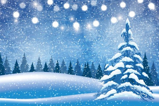 Snowy landscape with a Christmas tree and string lights