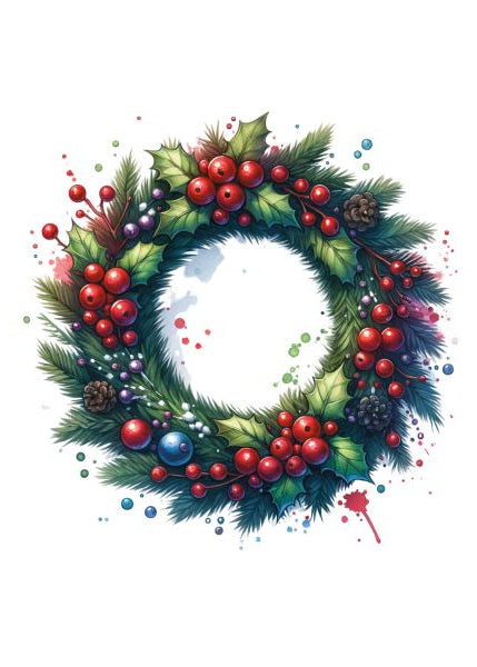 Decorative Christmas wreath with berries and holly on a white background