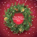 Christmas wreath with decorative elements on a red background with snowflakes