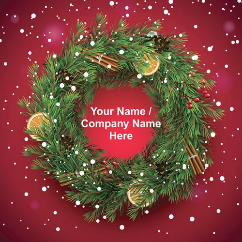 Christmas wreath with decorative elements on a red background with snowflakes