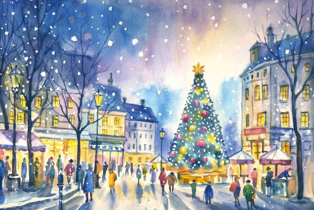 Winter street scene with a decorated Christmas tree and people walking around, illuminated by streetlights.