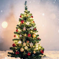 A decorated Christmas tree with green branches, warm white string lights, red and gold ornaments, and silver star ornaments, set against a soft snowy background with bokeh lights.