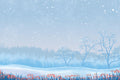 Snow falling over a field covering the grass and fields in snow