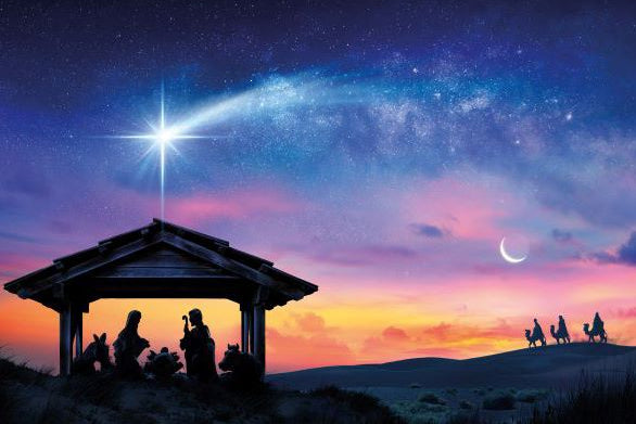 Silhouette of a stable with three wise men and a bright star in a night sky.