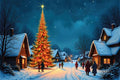 Winter village scene with a large lit Christmas tree at night.