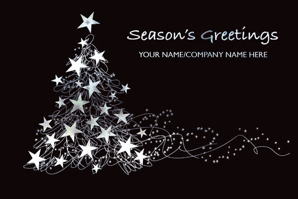 Season's Greetings card with a starry Christmas tree design on a black background
