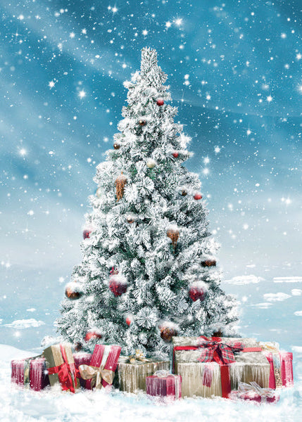 Decorated Christmas tree with presents underneath on a snowy background