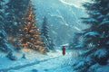 Winter scene with a person in a red coat walking through a snowy forest towards a lit Christmas tree.