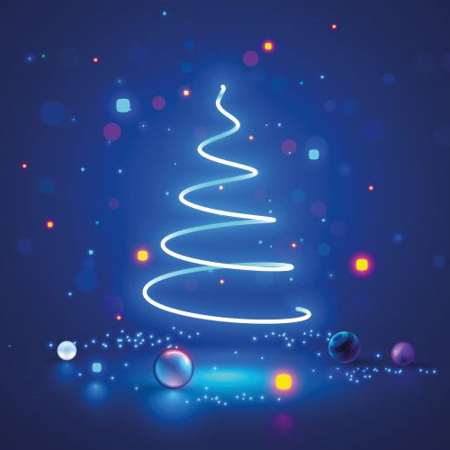 Neon Christmas tree design on a dark blue background with colorful lights.