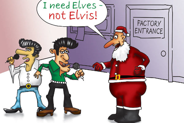 Cartoon of Santa Claus with two Elvis impersonators in front of a factory entrance.