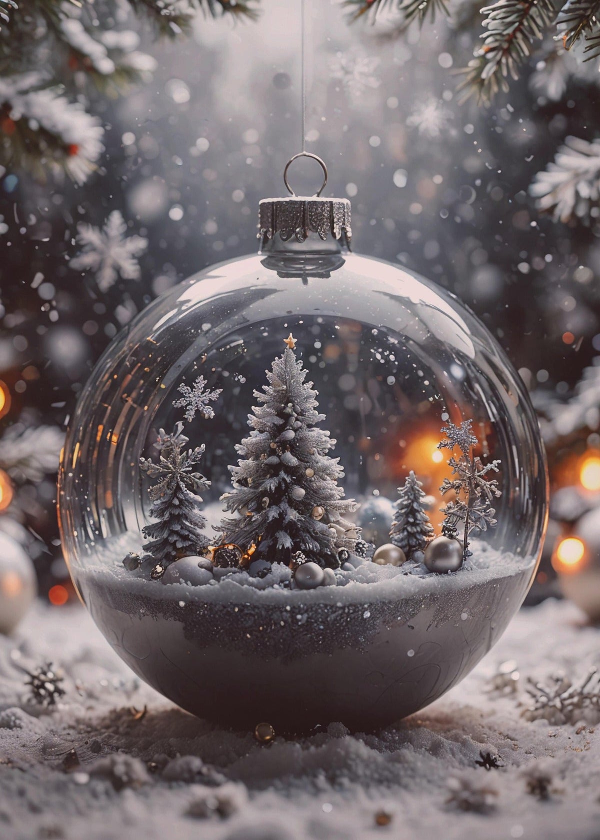 A clear glass Christmas ornament ball hanging in snow, containing miniature snow-covered trees and warm string lights, with blurred festive branches and lights in the background.