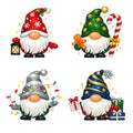 Four festive gnome illustrations. Each gnome has a different holiday hat and accessories: one wears a red hat with snowflakes and holds a lantern, one wears a green hat with stars and holds a gingerbread man and candy cane, one wears a silver hat with colourful string lights, and one wears a blue hat with gold stars and holds presents.