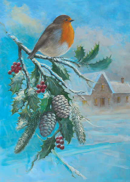 Painting of a robin on a branch with holly and berries, snow-covered house in the background