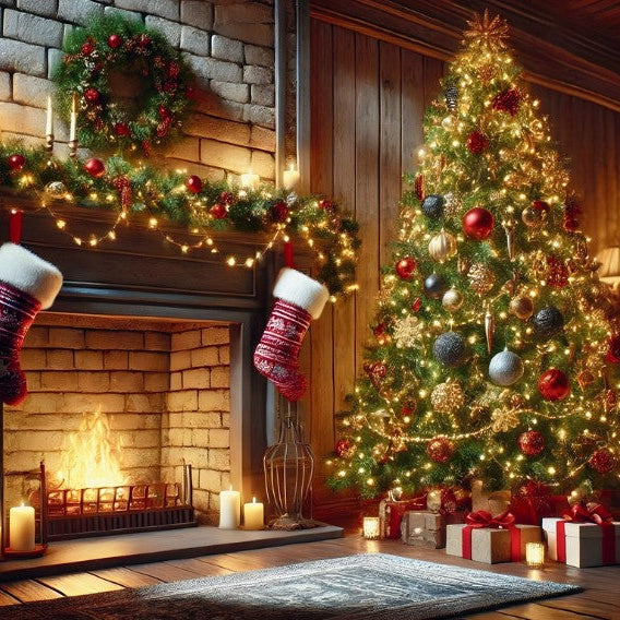 A beautifully decorated Christmas scene with a lit fireplace, stockings hanging from the mantel, a glowing Christmas tree with ornaments and wrapped presents, candles, and warm holiday decor in a cozy indoor setting.