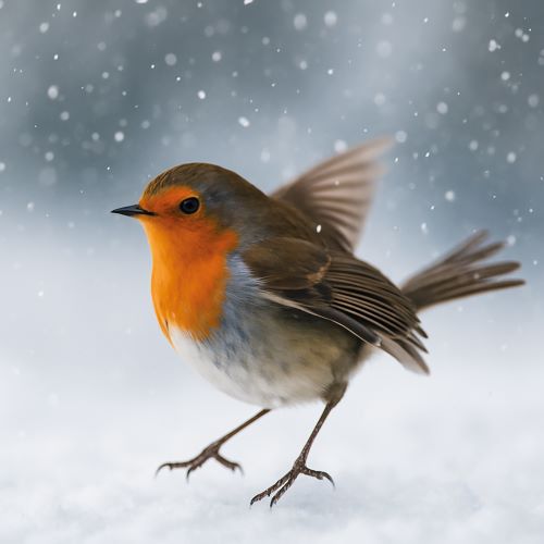 A robin red breast about to take flight on a cold snowy day