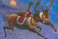 Two reindeer pulling a sleigh against a night sky with a full moon.