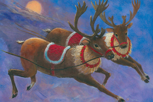 Two reindeer pulling a sleigh against a night sky with a full moon.
