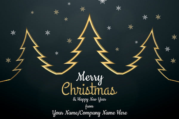 Gold Christmas trees and stars on a dark background with 'Merry Christmas & Happy New Year' text.