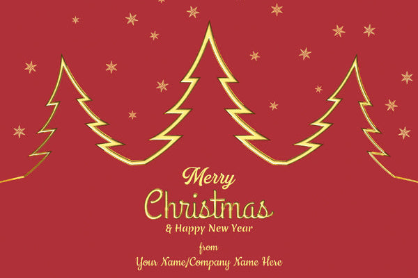 Red Christmas card with gold trees and 'Merry Christmas & Happy New Year' text.