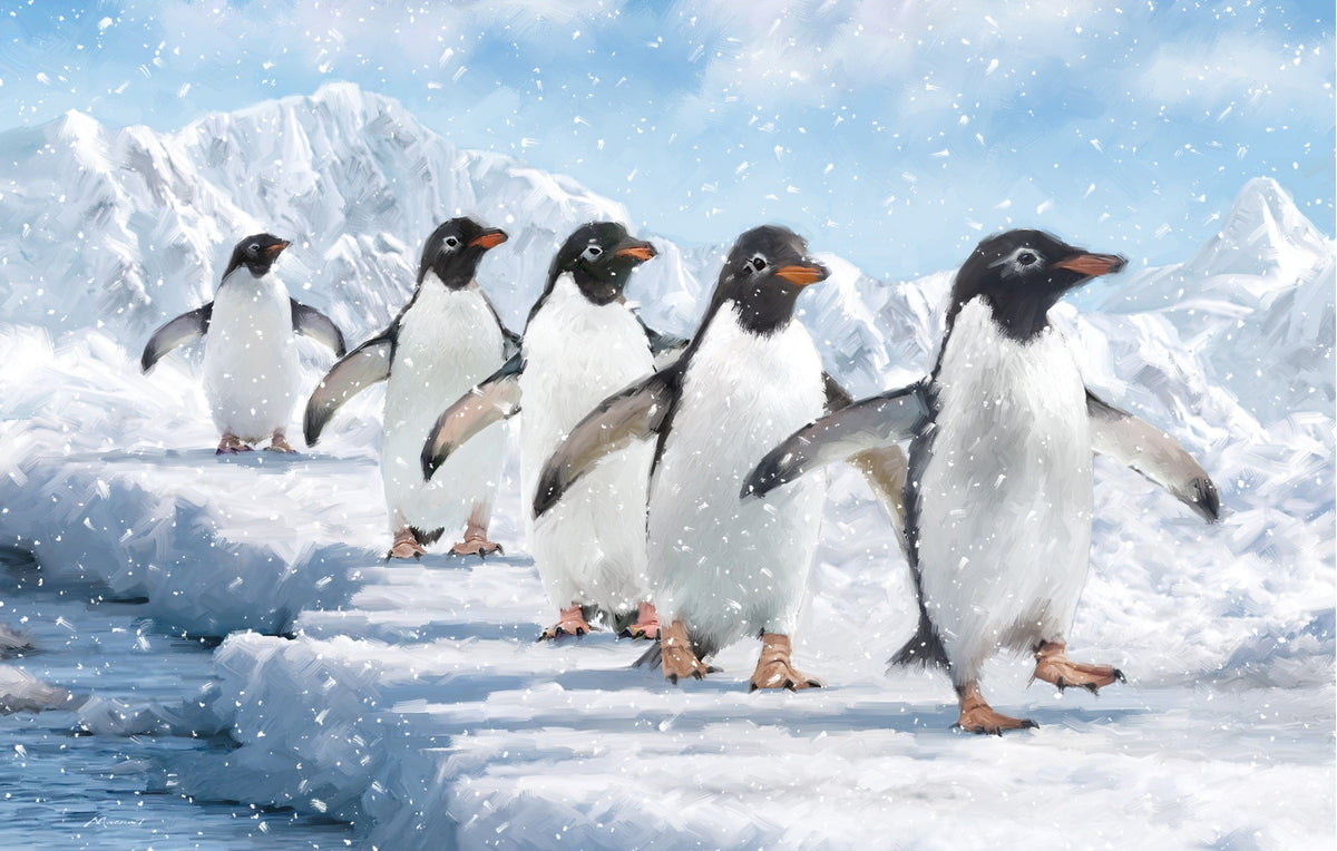 A group of penguins walking across snowy icy ground with mountains and falling snow in the background.