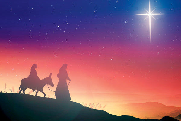 Silhouettes of the Holy Family with a donkey under a starry night sky.