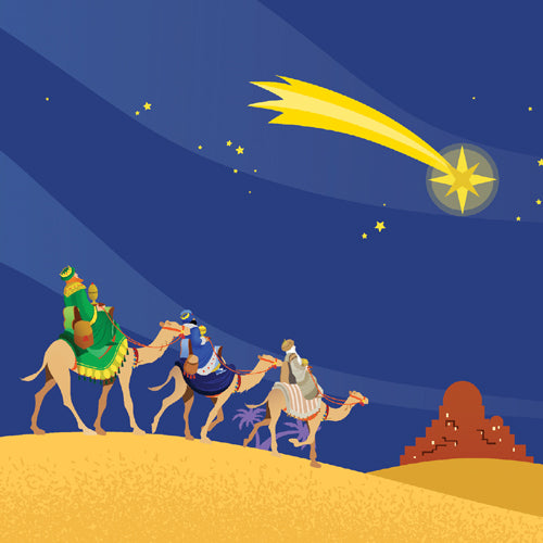 Three wise men on camels following a bright star in the night sky.
