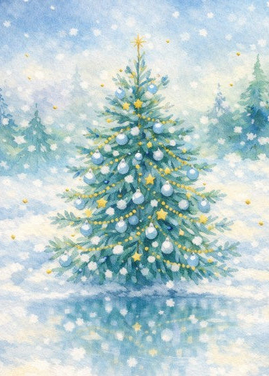 Watercolor-style Christmas scene with a decorated evergreen tree in the snow, blue ornaments, yellow star lights, falling snowflakes, and a soft blue winter background.