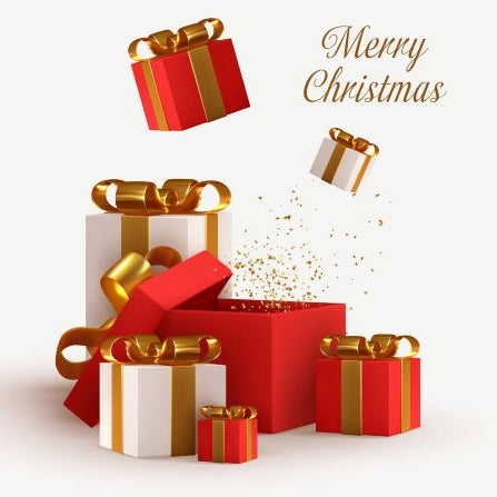 Stack of Christmas presents with gold ribbons on a white background, featuring the text 'Merry Christmas'.