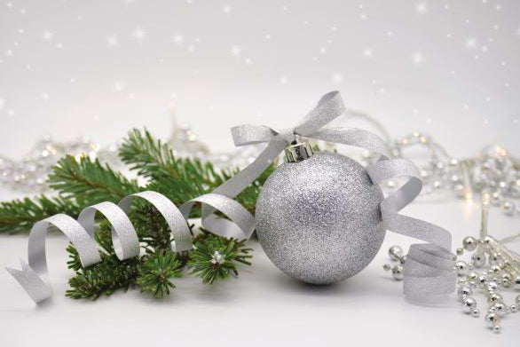 Silver glitter baubles with ribbon and foliage