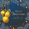 Merry Christmas and Happy New Year card with gold ornaments and blue background