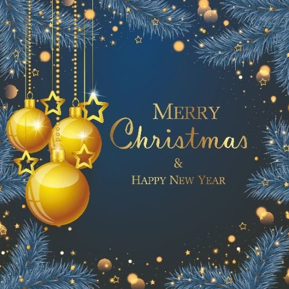 Merry Christmas and Happy New Year card with gold ornaments and blue background