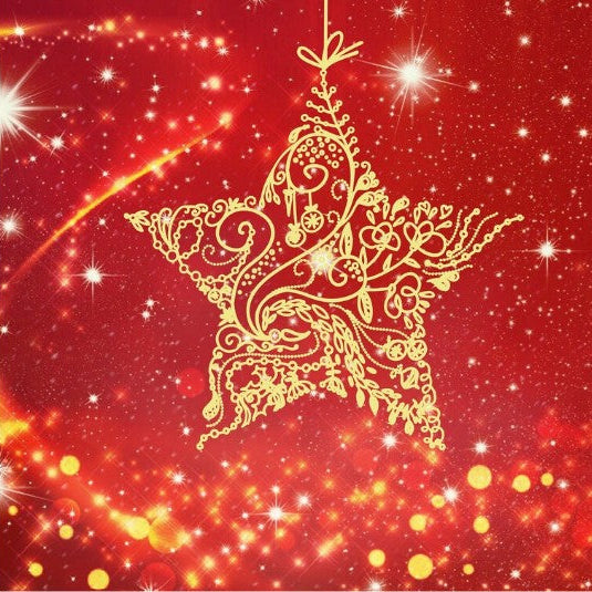A decorative gold hanging ornament shaped like a five-pointed star with intricate floral and scroll patterns, set against a red and gold glittery background with starburst effects.