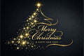 Gold festive lettering reading 'Merry Christmas & Happy New Year' with a sparkling gold Christmas tree silhouette on a black background