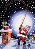 Illustration of Santa Claus fishing from a chimney with a full moon and snow falling in the background.