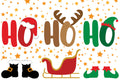 Christmas-themed design with 'HO HO HO', Santa's sleigh, boots, and elves on a white background.