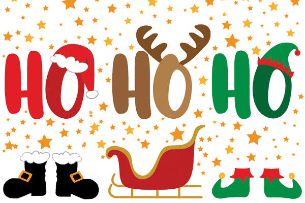Christmas-themed design with 'HO HO HO', Santa's sleigh, boots, and elves on a white background.