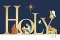 Decorative text 'HOLY NIGHT' with a nativity scene and angel on a dark blue background