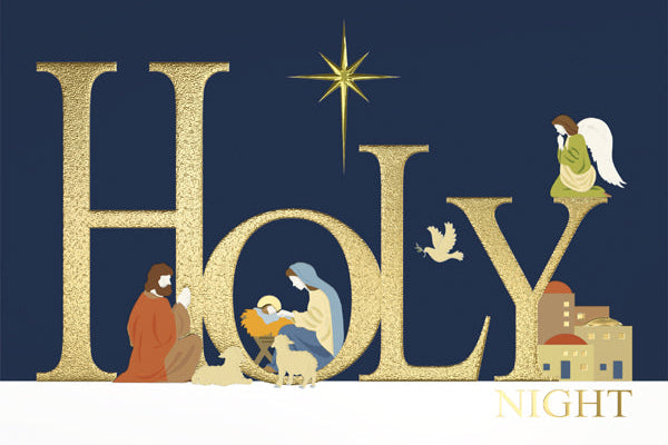 Decorative text 'HOLY NIGHT' with a nativity scene and angel on a dark blue background