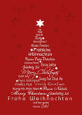 Red Christmas card with white text and star decorations on a red background