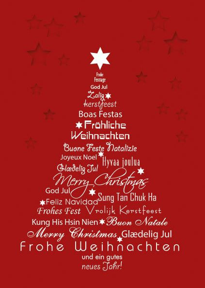 Red Christmas card with white text and star decorations on a red background