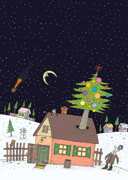 Illustration of a cozy house with a decorated Christmas tree on a snowy night.
