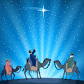 A stylized blue Christmas scene with three wise men on camels under a bright star and starburst sky.