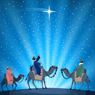 A stylized blue Christmas scene with three wise men on camels under a bright star and starburst sky.