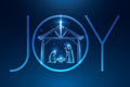 Nativity scene with 'JOY' text on a dark blue background