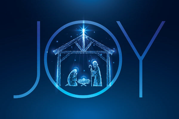 Nativity scene with 'JOY' text on a dark blue background